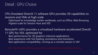 Title of
Presentation
• Speaker Name, Title
• Microsoft Corporation
Detail : GPU Choice
CPU-Emulated DirectX 11 software GPU provides 3D capabilities to
sessions and VMs at high scale
Optimized for knowledge worker workloads, such as Office, Web Browsing
Highest scale for Session Host and VDI
RemoteFX vGPU provides a virtualized hardware-accelerated DirectX
11 GPU for VDI, optimized for
Best performance for 3D graphics-intensive applications
Best experience with full shading, animations and transitions
Best application compatibility, running as a console session in VM
17
 