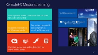 22
Uses dynamic codecs that have low bit rates
for audio and video
Supports redirection
of Windows Media
Decreases bandwidth
consumption as
much as 90 percent
Provides server-side video detection for
other media types
 