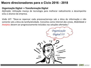 2
Macro direcionadores para o Ciclo 2016 - 2018
Organização Digital -> Transformação Digital
Definição: Utilização maciça de tecnologia para melhorar radicalmente o desempenho
e/ou o alcance da empresa.
Visão GIT: “Deve-se repensar cada processo/serviço sob a ótica da informação e não
somente sob a ótica da tarefa/atividade. Conceitos como Internet das coisas, Mobilidade e
Analytics devem ser progressivamente incluídos nas soluções ofertadas.”
Organização
Digital ???
 