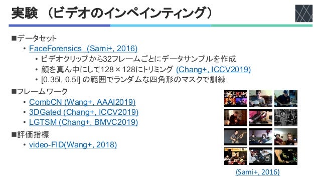 実験 （ビデオのインペインティング）
nデータセット
• Y)@%YL+%-$#@$ H2)0#S,'>?O^I
• ビデオクリップからR>フレームごとにデータサンプルを作成
• 顔を真ん中にしてO>V×O>Vにトリミング H;*)-3S,'A;;<>?OI
• `?QRW5,'?QW5a'の範囲でランダムな四角形のマスクで訓練
nフレームワーク
• ;L07;F'H])-3S,'!!!A>?OI
• RPE)8%K'H;*)-3S,'A;;<>?OI
• (Eb29'H;*)-3S,':9<;>?OI
n評価指標
• "#K%LCYAPH])-3S,'>?OVI
Nisarg Kothari
ndk@google.com
Joonseok Lee
joonseok@google.com
Paul Natsev
natsev@google.com
Balakrishnan Varadarajan
balakrishnanv@google.com
Sudheendra Vijayanarasimhan
svnaras@google.com
Google Research
uter Vision are attributed to
ackages for Machine Learn-
ware have reduced the bar-
aches at scale. It is possible
ples within a few days. Al-
mage understanding, such as
e video classification datasets. (Sami+, 2016)
 