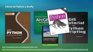 Libros de Python y ArcPy
http://training.fws.gov/courses/references/tutorials/geospatial/CSP7305/Programming%20Cookbook.pdf
http://esripress.esri.com/display/index.cfm
 