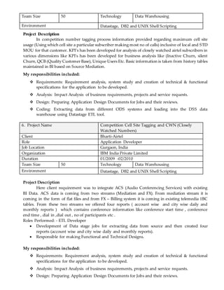 Team Size 50 Technology Data Warehousing
Environment Datastage, DB2 and UNIX Shell Scripting
Project Description
In competition number tagging process information provided regarding maximum cell site
usage (Using which cell site a particular subscriber making most no of calls) inclusive of local and STD
MOU for that customer. KPI’s has been developed for analysis of closely watched airtel subscribers in
various dimensions like KPI's has been developed for business analysis like (Inactive Churn, silent
Churn, QCB (Quality Customer Base), Unique Users Etc. Basic information is taken from history tables
maintained in BI based on Source Mediation.
My responsibilities included:
 Requirements: Requirement analysis, system study and creation of technical & functional
specifications for the application to be developed.
 Analysis: Impact Analysis of business requirements, projects and service requests.
 Design: Preparing Application Design Documents for Jobs and their reviews.
 Coding: Extracting data from different ODS systems and loading into the DSS data
warehouse using Datastage ETL tool.
6. Project Name Competition Cell Site Tagging and CWN (Closely
Watched Numbers)
Client Bharti-Airtel
Role Application Developer
Job Location Gurgaon, India
Organization IBM India Private Limited
Duration 01/2009 -02/2010
Team Size 50 Technology Data Warehousing
Environment Datastage, DB2 and UNIX Shell Scripting
Project Description
Here client requirement was to integrate ACS (Audio Conferencing Services) with existing
BI Data. ACS data is coming from two streams (Mediation and FX). From mediation stream it is
coming in the form of flat files and from FX – Billing system it is coming in existing telemedia 1BC
tables. From these two streams we offered four reports ( account wise and city wise daily and
monthly reports ) which contains conference information like conference start time , conference
end time , dial in ,dial out , no of participants etc .
Roles Performed: - ETL Developer
 Development of Data stage jobs for extracting data from source and then created four
reports (account wise and city wise daily and monthly reports).
 Responsible for making Functional and Technical Designs.
My responsibilities included:
 Requirements: Requirement analysis, system study and creation of technical & functional
specifications for the application to be developed.
 Analysis: Impact Analysis of business requirements, projects and service requests.
 Design: Preparing Application Design Documents for Jobs and their reviews.
 