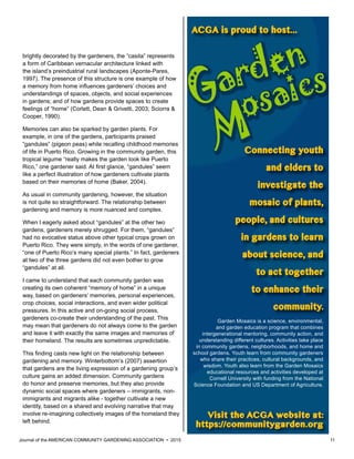 Journal of the AMERICAN COMMUNITY GARDENING ASSOCIATION • 2015 11
brightly decorated by the gardeners, the “casita” represents
a form of Caribbean vernacular architecture linked with
the island’s preindustrial rural landscapes (Aponte-Pares,
1997). The presence of this structure is one example of how
a memory from home influences gardeners’ choices and
understandings of spaces, objects, and social experiences
in gardens; and of how gardens provide spaces to create
feelings of “home” (Corlett, Dean & Grivetti, 2003; Sciorra &
Cooper, 1990).
Memories can also be sparked by garden plants. For
example, in one of the gardens, participants praised
“gandules” (pigeon peas) while recalling childhood memories
of life in Puerto Rico. Growing in the community garden, this
tropical legume “really makes the garden look like Puerto
Rico,” one gardener said. At first glance, “gandules” seem
like a perfect illustration of how gardeners cultivate plants
based on their memories of home (Baker, 2004).
As usual in community gardening, however, the situation
is not quite so straightforward. The relationship between
gardening and memory is more nuanced and complex.
When I eagerly asked about “gandules” at the other two
gardens, gardeners merely shrugged. For them, “gandules”
had no evocative status above other typical crops grown on
Puerto Rico. They were simply, in the words of one gardener,
“one of Puerto Rico’s many special plants.” In fact, gardeners
at two of the three gardens did not even bother to grow
“gandules” at all.
I came to understand that each community garden was
creating its own coherent “memory of home” in a unique
way, based on gardeners’ memories, personal experiences,
crop choices, social interactions, and even wider political
pressures. In this active and on-going social process,
gardeners co-create their understanding of the past. This
may mean that gardeners do not always come to the garden
and leave it with exactly the same images and memories of
their homeland. The results are sometimes unpredictable.
This finding casts new light on the relationship between
gardening and memory. Winterbottom’s (2007) assertion
that gardens are the living expression of a gardening group’s
culture gains an added dimension. Community gardens
do honor and preserve memories, but they also provide
dynamic social spaces where gardeners – immigrants, non-
immigrants and migrants alike - together cultivate a new
identity, based on a shared and evolving narrative that may
involve re-imagining collectively images of the homeland they
left behind.
Connecting youth
and elders to
investigate the
mosaic of plants,
people, and cultures
in gardens to learn
about science, and
to act together
to enhance their
community.
Garden Mosaics is a science, environmental,
and garden education program that combines
intergenerational mentoring, community action, and
understanding different cultures. Activities take place
in community gardens, neighborhoods, and home and
school gardens. Youth learn from community gardeners
who share their practices, cultural backgrounds, and
wisdom. Youth also learn from the Garden Mosaics
educational resources and activities developed at
Cornell University with funding from the National
Science Foundation and US Department of Agriculture.
Visit the ACGA website at:
https://communitygarden.org
ACGA is proud to host...
 