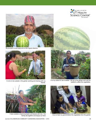 Journal of the AMERICAN COMMUNITY GARDENING ASSOCIATION • 2015 25
My pumpkin is very tasty and is full of good vitamins.
It is fun to be outside in the garden working and sharing with my
friends.
It is my culture to use a basket. We go to the garden and use the
basket to collect the vegetables.
I love to feed my grandchildren the vegetables from the garden
I have cooked a meal of pumpkin and leaves with rice. Our
family sits together and enjoys our food.
 