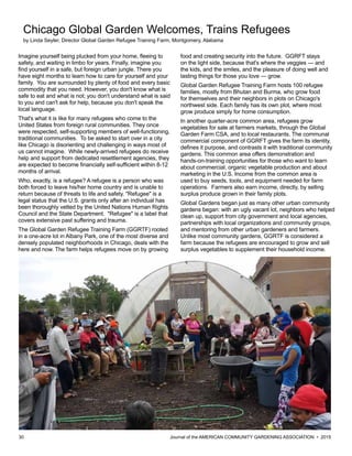 30 						 	 Journal of the AMERICAN COMMUNITY GARDENING ASSOCIATION • 2015
Imagine yourself being plucked from your home, fleeing to
safety, and waiting in limbo for years. Finally, imagine you
find yourself in a safe, but foreign urban jungle. There you
have eight months to learn how to care for yourself and your
family. You are surrounded by plenty of food and every basic
commodity that you need. However, you don't know what is
safe to eat and what is not; you don't understand what is said
to you and can't ask for help, because you don't speak the
local language.
That's what it is like for many refugees who come to the
United States from foreign rural communities. They once
were respected, self-supporting members of well-functioning,
traditional communities. To be asked to start over in a city
like Chicago is disorienting and challenging in ways most of
us cannot imagine. While newly-arrived refugees do receive
help and support from dedicated resettlement agencies, they
are expected to become financially self-sufficient within 8-12
months of arrival.
Who, exactly, is a refugee? A refugee is a person who was
both forced to leave his/her home country and is unable to
return because of threats to life and safety. "Refugee" is a
legal status that the U.S. grants only after an individual has
been thoroughly vetted by the United Nations Human Rights
Council and the State Department. "Refugee" is a label that
covers extensive past suffering and trauma.
The Global Garden Refugee Training Farm (GGRTF) rooted
in a one-acre lot in Albany Park, one of the most diverse and
densely populated neighborhoods in Chicago, deals with the
here and now. The farm helps refugees move on by growing
food and creating security into the future. GGRFT stays
on the light side, because that's where the veggies — and
the kids, and the smiles, and the pleasure of doing well and
lasting things for those you love — grow.
Global Garden Refugee Training Farm hosts 100 refugee
families, mostly from Bhutan and Burma, who grow food
for themselves and their neighbors in plots on Chicago's
northwest side. Each family has its own plot, where most
grow produce simply for home consumption.
In another quarter-acre common area, refugees grow
vegetables for sale at farmers markets, through the Global
Garden Farm CSA, and to local restaurants. The communal
commercial component of GGRFT gives the farm its identity,
defines it purpose, and contrasts it with traditional community
gardens. This common area offers demonstration and
hands-on-training opportunities for those who want to learn
about commercial, organic vegetable production and about
marketing in the U.S. Income from the common area is
used to buy seeds, tools, and equipment needed for farm
operations. Farmers also earn income, directly, by selling
surplus produce grown in their family plots.
Global Gardens began just as many other urban community
gardens began: with an ugly vacant lot, neighbors who helped
clean up, support from city government and local agencies,
partnerships with local organizations and community groups,
and mentoring from other urban gardeners and farmers.
Unlike most community gardens, GGRTF is considered a
farm because the refugees are encouraged to grow and sell
surplus vegetables to supplement their household income.
Chicago Global Garden Welcomes, Trains Refugees
by Linda Seyler, Director Global Garden Refugee Training Farm, Montgomery, Alabama
 