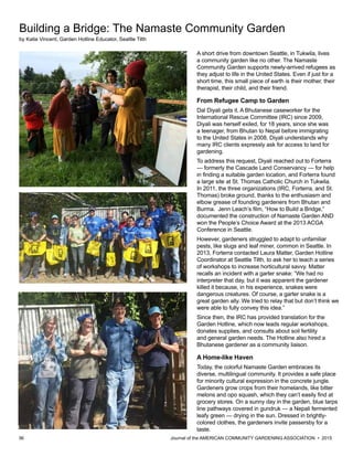 36 						 	 Journal of the AMERICAN COMMUNITY GARDENING ASSOCIATION • 2015
A short drive from downtown Seattle, in Tukwila, lives
a community garden like no other. The Namaste
Community Garden supports newly-arrived refugees as
they adjust to life in the United States. Even if just for a
short time, this small piece of earth is their mother, their
therapist, their child, and their friend.
From Refugee Camp to Garden
Dal Diyali gets it. A Bhutanese caseworker for the
International Rescue Committee (IRC) since 2009,
Diyali was herself exiled, for 18 years, since she was
a teenager, from Bhutan to Nepal before immigrating
to the United States in 2008. Diyali understands why
many IRC clients expressly ask for access to land for
gardening.
To address this request, Diyali reached out to Forterra
— formerly the Cascade Land Conservancy — for help
in finding a suitable garden location, and Forterra found
a large site at St. Thomas Catholic Church in Tukwila.
In 2011, the three organizations (IRC, Forterra, and St.
Thomas) broke ground, thanks to the enthusiasm and
elbow grease of founding gardeners from Bhutan and
Burma. Jenn Leach’s film, “How to Build a Bridge,”
documented the construction of Namaste Garden AND
won the People’s Choice Award at the 2013 ACGA
Conference in Seattle.
However, gardeners struggled to adapt to unfamiliar
pests, like slugs and leaf miner, common in Seattle. In
2013, Forterra contacted Laura Matter, Garden Hotline
Coordinator at Seattle Tilth, to ask her to teach a series
of workshops to increase horticultural savvy. Matter
recalls an incident with a garter snake: “We had no
interpreter that day, but it was apparent the gardener
killed it because, in his experience, snakes were
dangerous creatures. Of course, a garter snake is a
great garden ally. We tried to relay that but don’t think we
were able to fully convey this idea.”
Since then, the IRC has provided translation for the
Garden Hotline, which now leads regular workshops,
donates supplies, and consults about soil fertility
and general garden needs. The Hotline also hired a
Bhutanese gardener as a community liaison.
A Home-like Haven
Today, the colorful Namaste Garden embraces its
diverse, multilingual community. It provides a safe place
for minority cultural expression in the concrete jungle.
Gardeners grow crops from their homelands, like bitter
melons and opo squash, which they can’t easily find at
grocery stores. On a sunny day in the garden, blue tarps
line pathways covered in gundruk — a Nepali fermented
leafy green — drying in the sun. Dressed in brightly-
colored clothes, the gardeners invite passersby for a
taste.
Building a Bridge: The Namaste Community Garden
by Katie Vincent, Garden Hotline Educator, Seattle Tilth
 