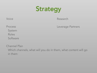 Voice
Process
System
Roles
Software
Channel Plan
Which channels, what will you do in them, what content will go
in them
Research
Leverage Partners
Strategy
 