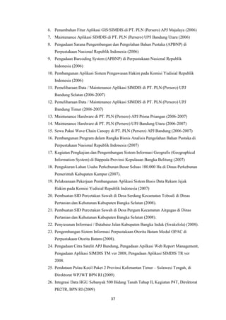 37
6. Penambahan Fitur Aplikasi GIS/SIMDIS di PT. PLN (Persero) APJ Majalaya (2006)
7. Maintenance Aplikasi SIMDIS di PT. PLN (Persero) UPJ Bandung Utara (2006)
8. Pengadaan Sarana Pengembangan dan Pengolahan Bahan Pustaka (APBNP) di
Perpustakaan Nasional Republik Indonesia (2006)
9. Pengadaan Barcoding System (APBNP) di Perpustakaan Nasional Republik
Indonesia (2006)
10. Pembangunan Aplikasi Sistem Pengawasan Hakim pada Komisi Yudisial Republik
Indonesia (2006)
11. Pemeliharaan Data / Maintenance Aplikasi SIMDIS di PT. PLN (Persero) UPJ
Bandung Selatan (2006-2007)
12. Pemeliharaan Data / Maintenance Aplikasi SIMDIS di PT. PLN (Persero) UPJ
Bandung Timur (2006-2007)
13. Maintenance Hardware di PT. PLN (Persero) APJ Prima Priangan (2006-2007)
14. Maintenance Hardware di PT. PLN (Persero) UPJ Bandung Utara (2006-2007)
15. Sewa Pakai Wave Chain Canopy di PT. PLN (Persero) APJ Bandung (2006-2007)
16. Pembangunan Program dalam Rangka Bisnis Analisis Pengolahan Bahan Pustaka di
Perpustakaan Nasional Republik Indonesia (2007)
17. Kegiatan Pengkajian dan Pengembangan Sistem Informasi Geografis (Geographical
Information System) di Bappeda Provinsi Kepulauan Bangka Belitung (2007)
18. Pengukuran Lahan Usaha Perkebunan Besar Seluas 100.000 Ha di Dinas Perkebunan
Pemerintah Kabupaten Kampar (2007).
19. Pelaksanaan Pekerjaan Pembangunan Aplikasi Sistem Basis Data Rekam Jejak
Hakim pada Komisi Yudisial Republik Indonesia (2007)
20. Pembuatan SID Percetakan Sawah di Desa Serdang Kecamatan Toboali di Dinas
Pertanian dan Kehutanan Kabupaten Bangka Selatan (2008).
21. Pembuatan SID Percetakan Sawah di Desa Pergam Kecamatan Airgegas di Dinas
Pertanian dan Kehutanan Kabupaten Bangka Selatan (2008).
22. Penyusunan Informasi / Database Jalan Kabupaten Bangka Induk (Swakelola) (2008).
23. Pengembangan Sistem Informasi Perpustakaan Otorita Batam Modul OPAC di
Perpustakaan Otorita Batam (2008).
24. Pengadaan Citra Satelit APJ Bandung, Pengadaan Apilkasi Web Report Management,
Pengadaan Aplikasi SIMDIS TM ver 2008, Pengadaan Aplikasi SIMDIS TR ver
2008.
25. Pendataan Pulau Kecil Paket 2 Provinsi Kalimantan Timur – Sulawesi Tengah, di
Direktorat WP3WT BPN RI (2009)
26. Integrasi Data HGU Sebanyak 500 Bidang Tanah Tahap II, Kegiatan P4T, Direktorat
PB2TR, BPN RI (2009)
 