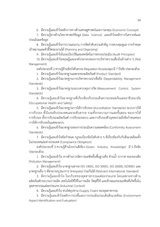 99
6. มีความรู้และเข้าใจหลักการทางด้านเศรษฐศาสตร์และการลงทุน (Economic Concept)
7. มีความรู้ทางด้านวิทยาศาสตร์ข้อมูล (Data Science) และเข้าใจหลักการวิเคราะห์และ
ประเมินผลข้อมูล
8. มีความรู้และเข้าใจการวางแผนงาน การจัดลําดับความสําคัญ การควบคุมดูแล การกําหนด
เป้าหมายและตัวชี้วัดของงานได้ (Planning and Organizing)
9. มีความรู้และเข้าใจในระเบียบวิธีและเทคนิคในการตรวจประเมิน (Audit Principles)
10. มีความรู้และเข้าใจทฤษฏีและองค์ประกอบของการบริหารความเสี่ยงในด้านต่าง ๆ (Risk
Management)
องค์ประกอบที่ 2 ความรู้ด้านข้อบังคับสากล (Regulation Knowledge) มี 7 ปัจจัย ประกอบด้วย
1. มีความรู้และเข้าใจมาตรฐานเฉพาะของผลิตภัณฑ์ (Product Standard)
2. มีความรู้และเข้าใจมาตรฐานการบริหารความน่าเชื่อถือ (Dependability Management
Standards)
3. มีความรู้และเข้าใจมาตรฐานระบบควบคุมการวัด (Measurement Control System
Standards)
4. มีความรู้และเข้าใจมาตรฐานที่เกี่ยวข้องกับประเด็นความปลอดภัยและอาชีวอนามัย
(Occupational Health and Safety)
5. มีความรู้และเข้าใจมาตรฐานการให้การรับรอง (Accreditation Standards) ระบบการให้
การรับรอง ทั้งในระดับประเทศและระดับสากล รวมทั้งกระบวนการและขั้นตอน ของการให้
การรับรอง ทั้งการรับรองผลิตภัณฑ์ การรับรองระบบ และการรับรองตัวบุคคลรวมถึงข้อกําหนดของ
การให้การรับรองในแต่ละระบบ
6. มีความรู้และเข้าใจมาตรฐานของการประเมินความสอดคล้อง (Conformity Assessment
Standards)
7. มีความรู้และเข้าใจข้อกําหนด กฎระเบียบข้อบังคับต่าง ๆ ที่เกี่ยวข้องกับกับสิ่งแวดล้อมทั้ง
ในประเทศและต่างประเทศ (Compliance Obligation)
องค์ประกอบที่ 3 ความรู้ด้านโรงงานสีเขียว (Green Industry Knowledge) มี 5 ปัจจัย
ประกอบด้วย
1. มีความรู้และเข้าใจ ทางด้านการจัดการมลพิษขั้นพื้นฐานคือ ด้านน้ํา อากาศ ขยะของเสีย
(Pollution Management)
2. มีความรู้และเข้าใจ มาตรฐานสากล ISO 14001, ISO 50001, ISO 26000, ISO9001 และ
มาตรฐานอื่น ๆ ที่สามารถบูรณาการ (Integrate) ร่วมกันได้ (Relevant International Standard)
3. มีความรู้และเข้าใจ ในบริบทของอุตสาหกรรมแต่ละประเภท โดยเฉพาะทางด้าน
ผลิตภัณฑ์กระบวนการผลิต เทคโนโลยีทีใช้ในการผลิต วัสดุที่ใช้ และลักษณะของมลพิษที่เกิดขึ้นใน
อุตสาหกรรมแต่ละประเภท (Inductrial Context)
4. มีความรู้และเข้าใจ ห่วงโซ่อุปทาน (Supply Chain) ของอุตสาหกรรม
5. มีความรู้และเข้าใจหลักการบ่งชี้และการประเมินประเด็นสิ่งแวดล้อม (Environment
Aspect Identification and Evaluation)
 