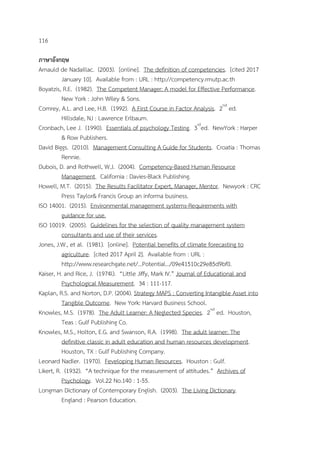 116
ภาษาอังกฤษ
Arnauld de Nadaillac. (2003). [online]. The definition of competencies. [cited 2017
January 10]. Available from : URL : http://competency.rmutp.ac.th
Boyatzis, R.E. (1982). The Competent Manager: A model for Effective Performance.
New York : John Wiley & Sons.
Comrey, A.L. and Lee, H.B. (1992). A First Course in Factor Analysis. 2nd
ed.
Hillsdale, NJ : Lawrence Erlbaum.
Cronbach, Lee J. (1990). Essentials of psychology Testing. 3rd
ed. NewYork : Harper
& Row Publishers.
David Biggs. (2010). Management Consulting A Guide for Students. Croatia : Thomas
Rennie.
Dubois, D. and Rothwell, W.J. (2004). Competency-Based Human Resource
Management. California : Davies-Black Publishing.
Howell, M.T. (2015). The Results Facilitator Expert, Manager, Mentor. Newyork : CRC
Press Taylor& Francis Group an informa business.
ISO 14001. (2015). Environmental management systems-Requirements with
guidance for use.
ISO 10019. (2005). Guidelines for the selection of quality management system
consultants and use of their services.
Jones, J.W., et al. (1981). [online]. Potential benefits of climate forecasting to
agriculture. [cited 2017 April 2]. Available from : URL :
http://www.researchgate.net/...Potential.../09e41510c29e85d9bf0.
Kaiser, H. and Rice, J. (1974l). “Little Jiffy, Mark IV.” Journal of Educational and
Psychological Measurement. 34 : 111-117.
Kaplan, R.S. and Norton, D.P. (2004). Strategy MAPS : Converting Intangible Asset into
Tangible Outcome. New York: Harvard Business School.
Knowles, M.S. (1978). The Adult Learner: A Neglected Species. 2nd
ed. Houston,
Teas : Gulf Publishing Co.
Knowles, M.S., Holton, E.G. and Swanson, R.A. (1998). The adult learner: The
definitive classic in adult education and human resources development.
Houston, TX : Gulf Publishing Company.
Leonard Nadler. (1970). Feveloping Human Resources. Houston : Gulf.
Likert, R. (1932). “A technique for the measurement of attitudes.” Archives of
Psychology. Vol.22 No.140 : 1-55.
Longman Dictionary of Contemporary English. (2003). The Living Dictionary.
England : Pearson Education.
 