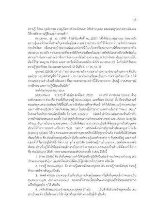 13
ความรู้ ทักษะ บุคลิกภาพ แรงจูงใจทางสังคมลักษณะ นิสัยส่วนบุคคล ตลอดจนรูปแบบความคิดและ
วิธีการคิด ความรู้สึกและการกระทํา”
Kirschner, et al. (1997 อ้างถึงใน ศักดิ์ไทย, 2557) ได้ให้นิยาม สมรรถนะ ว่าหมายถึง
ความรู้และทักษะทั้งปวงที่บุคคลมีอยู่ในตน และสามารถนามาใช้ได้อย่างมีประสิทธิภาพและ
ประสิทธิผล เพื่อบรรลุเป้าหมายแน่นอนอย่างหนึ่งในบริบทหรือสถานการณ์ที่หลากหลาย หรือ
สมรรถนะ หมายถึง ความสามารถที่จะทาให้เกิดความพึงพอใจและการตัดสินใจอย่างมีประสิทธิผลใน
สถานการณ์เฉพาะอย่างหนึ่ง ซึ่งการที่จะกระทาได้อย่างเหมาะสมและมีประสิทธิผลในสถานการณ์นั้น
ต้องใช้วิจารณญาณ ค่านิยม และความเชื่อมั่นในตนเองด้วย ดังนั้น สมรรถนะ (C) จึงเป็นฟังก์ชั่นของ
ความรู้ (K) ทักษะ (Sk) และสถานการณ์ (S) นั่นคือ C = f (K, Sk, S)
อุกฤษณ์ (2543) กล่าวว่า “สมรรถนะ หมายถึง ความสามารถความ ชํานาญด้านต่าง ๆ ซึ่งเป็น
องค์ประกอบที่สําคัญที่ทําให้บุคคลสามารถกระทําการหรืองดเว้นการ กระทําในกิจการใด ๆ ให้
ประสบความสําเร็จหรือล้มเหลว ซึ่งความสามารถเหล่านี้ได้มาจากการ เรียนรู้ ประสบการณ์
การฝึกฝน และการปฏิบัติจนเป็นนิสัย”
องค์ประกอบของสมรรถนะ
McClelland (1973 อ้างถึงใน ศักดิ์ไทย, 2557) กล่าวว่า สมรรถนะ ประกอบด้วย
องค์ประกอบ 5 ส่วน คือ ส่วนที่เป็นความรู้ (Knowledge) และทักษะ (Skills) นั้น ถือว่าเป็นส่วนที่
คนแต่ละคนสามารถพัฒนาให้มีขึ้นได้ไม่ยากนักด้วยการศึกษาค้นคว้า (ทําให้เกิดความรู้ Knowledge)
และการฝึกฝนปฏิบัติ (ทําให้เกิดทักษะ Skills) ในส่วนนี้นักวิชาการบางท่านเรียกว่า “Hard Skills”
ในขณะที่องค์ประกอบส่วนที่เหลือ คือ Self.-.concept (เจตคติ ค่านิยม และความเห็นเกี่ยวกับ
ภาพลักษณ์ของตนเอง) รวมทั้ง Trait (บุคลิกลักษณะประจําของแต่ละบุคคล) และ Motive (แรงจูงใจ
หรือแรงขับภายในของแต่ละบุคคล) เป็นสิ่งที่พัฒนายาก เพราะเป็นสิ่งที่ซ่อนอยู่ภายในตัวบุคคล
ส่วนนี้นักวิชาการบางท่านเรียกว่า “Soft Skills” แนวคิดดังกล่าวอธิบายด้วยโมเดลภูเขาน้ําแข็ง
(Iceberg Model) ได้ว่า ความแตกต่างระหว่างบุคคลเปรียบได้กับภูเขาน้ําแข็ง ส่วนที่เห็นได้ง่ายและ
พัฒนาได้ง่าย คือ ส่วนที่ลอยอยู่เหนือน้ํา นั่นคือ องค์ความรู้และทักษะต่าง ๆ ที่บุคคลมีอยู่ และส่วนที่
มองเห็นได้ยากอยู่ใต้ผิวน้า ได้แก่ แรงจูงใจ อุปนิสัย ภาพลักษณ์ภายในและบทบาทที่แสดงออกต่อ
สังคม ส่วนที่อยู่ใต้น้ํามีผลต่อพฤติกรรมในการทํางานของบุคคลและเป็นส่วนที่พัฒนาได้ยาก
ซึ่ง McClelland ได้อธิบายความหมายขององค์ประกอบทั้ง 5 ส่วน ไว้ดังนี้
1. ทักษะ (Skills) คือ สิ่งที่บุคคลกระทําได้ดีและฝึกปฏิบัติเป็นประจําจนเกิดความชํานาญ เช่น
ทักษะของหมอฟันในการอุดฟันโดยไม่ทําให้คนไข้รู้สึกเสียวเส้นประสาท หรือเจ็บ
2. ความรู้ (Knowledge) คือ ความรู้เฉพาะด้านของบุคคล เช่น ความรู้ภาษาอังกฤษ ความรู้
ด้านการบริหารต้นทุน เป็นต้น
3. เจตคติ ค่านิยม และความเห็นเกี่ยวกับภาพลักษณ์ของตน หรือสิ่งที่บุคคลเชื่อว่าตนเองเป็น
(Self-concept) เช่น Self-concept ของคนที่มีความเชื่อมั่นในตนเองสูงจะเชื่อว่าตนเองสามารถ
แก้ไขปัญหาต่าง ๆ ได้ เป็นต้น
4. บุคลิกลักษณะประจําของแต่ละบุคคล (Trait) เป็นสิ่งที่อธิบายถึงบุคคลนั้น เช่น
เขาเป็นคนที่น่าเชื่อถือและน่าไว้วางใจ หรือเขามีลักษณะเป็นผู้นํา เป็นต้น
 