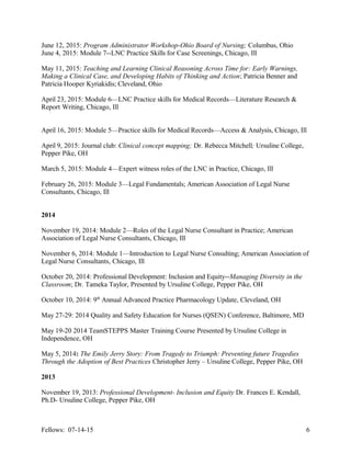 June 12, 2015: Program Administrator Workshop-Ohio Board of Nursing; Columbus, Ohio
June 4, 2015: Module 7--LNC Practice Skills for Case Screenings, Chicago, Ill
May 11, 2015: Teaching and Learning Clinical Reasoning Across Time for: Early Warnings,
Making a Clinical Case, and Developing Habits of Thinking and Action; Patricia Benner and
Patricia Hooper Kyriakidis; Cleveland, Ohio
April 23, 2015: Module 6—LNC Practice skills for Medical Records—Literature Research &
Report Writing, Chicago, Ill
April 16, 2015: Module 5—Practice skills for Medical Records—Access & Analysis, Chicago, Ill
April 9, 2015: Journal club: Clinical concept mapping; Dr. Rebecca Mitchell; Ursuline College,
Pepper Pike, OH
March 5, 2015: Module 4—Expert witness roles of the LNC in Practice, Chicago, Ill
February 26, 2015: Module 3—Legal Fundamentals; American Association of Legal Nurse
Consultants, Chicago, Ill
2014
November 19, 2014: Module 2—Roles of the Legal Nurse Consultant in Practice; American
Association of Legal Nurse Consultants, Chicago, Ill
November 6, 2014: Module 1—Introduction to Legal Nurse Consulting; American Association of
Legal Nurse Consultants, Chicago, Ill
October 20, 2014: Professional Development: Inclusion and Equity--Managing Diversity in the
Classroom; Dr. Tameka Taylor, Presented by Ursuline College, Pepper Pike, OH
October 10, 2014: 9th
Annual Advanced Practice Pharmacology Update, Cleveland, OH
May 27-29: 2014 Quality and Safety Education for Nurses (QSEN) Conference, Baltimore, MD
May 19-20 2014 TeamSTEPPS Master Training Course Presented by Ursuline College in
Independence, OH
May 5, 2014: The Emily Jerry Story: From Tragedy to Triumph: Preventing future Tragedies
Through the Adoption of Best Practices Christopher Jerry – Ursuline College, Pepper Pike, OH
2013
November 19, 2013: Professional Development- Inclusion and Equity Dr. Frances E. Kendall,
Ph.D- Ursuline College, Pepper Pike, OH
Fellows: 07-14-15 6
 
