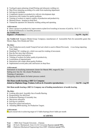  Tooling & spares planning of pad Printing and ultrasonic welding m/c
 Man Power planning according of to order from marketing department.
 Solving m/c problems
 Completed a project on productivity with m/c development dept.
 Interaction with vendors for quality problems.
 Training of workers to improve quality of production and productivity
 Maintain House –keeping at shop floor.
 Trained the operators for ultrasonic welding setting and operating.
Achievement:
 Done a project on productivity improvement at plant level resulting in increase of yield by 10-15 %
 Reduced bottlenecks in Assembly processes.
Jay Yushin Ltd
Engineer ( Production ) Sep’99 – Sep’01
Jay Yushin Ltd Gurgaon (Minda Group. Company), manufacturer of Automobile Parts for automobile giants like
Maruti, Bajaj, Hero Honda and Telco
The Role:
 Start Production newly install Temp & Fuel unit which is used in Maruti Previously it was being importing
From Japan
 Handling CNC winding m/c, which was used for winding of movement.
 Run the line more than efficiency
 Rejection control and analysis.
 Training of workers for better quality & productivity.
 Localization of imported parts
 Interaction with vender about quality Problem.
 Implemented several poka yoke and kaizen on shop floor.
Achievement:
Instrument in localizing instrument cluster for Maruti 800, wagon R, Zen
Setting new line for the cluster Production.
Training of operators .
Designing check sheets for better process control.
Shri Ram needle bearing a SRF Gr Company
Joined as Diploma Engg. Trainee, Left as Jr. Executive (production). Oct’95 – Aug’99
Shri Ram needle bearing a SRF Gr Company one of leading manufacturer of needle bearing.
The Role:
 Looking after prod. Assembly line of needle Bearing.
 Responsibility for shift Prod.
 Production Planning of Assembly line.
 Man power allocation
 Solving m/c problem.
 Rejection control and analysis.
 Attending DRM meeting, for Production Targets.
Achievement:
Played cruicial role in achieving target of 13 lakhs bearings,from 6 lakhs per month
ACADEMIA
Year : MBA from Vinayak University , Chennai.
Year : B.Tech ( Mechanical) from I.A.S.E University Rajastan scored 78%.
1995 : Diploma (Mechanical Engineering) from IERT Allahabad scored 73%.
 