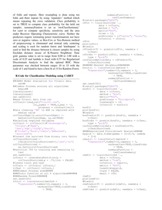 of folds and repeats. Here resampling is done using ten
folds and three repeats by using ‘repatedcv’ method which
means repeating the cross validation. Class probability is
set to TRUE to compute class probability for the held out
samples. summaryFuntion is set as ‘twoClassSummary’
for caret to compute speciﬁcity, sensitivity and the area
under Receiver Operating Characteristic curve. Neither the
predictors require estimating power transformations nor have
zero or negative values, so Box-Cox or Yeo-Jhonson method
of preprocessing is eliminated and instead only centering
and scaling is used for random forest and ‘knnImpute’ is
used to ﬁnd the distance between k closest samples by using
Euclidan distance incase of K-Nearest Neighbour. Tune
grid: gamma value is set to range from 0.00 to 1.00 with a
scale of 0.25 and lambda is ﬁxed with 0.75 for Regularized
Discriminant Analysis to ﬁnd the optimal ROC. Ntree
parameter was checked between ranges 10 to 15 with the
scale of 1 and found to have a best ﬁt at 13 for Random Forest.
R-Code for Classiﬁcation Modeling using CARET
##CARET Model evaluation for Titanic data
set##
##Common Process accross all algorithms
begin##
library(caret)
library(readr)
set.seed(121)
#Read Titanic data from csv
crtTrain<-read_csv("trainTc.csv",
col_names = TRUE,n_max = -1,
progress = interactive())
#Data cleaning ’NA’ in AGE is replaced with
median value
crtTrain$Age[is.na(crtTrain$Age)] <-
median(crtTrain$Age, na.rm=TRUE)
#Selecting required variables
crtTrain <- crtTrain[c(#’PassengerId’,
’Pclass’,#’Name’,
’Sex’,’Age’,’SibSp’,’Parch’,
#’Ticket’,’Fare’,’Cabin’,’Embarked’,
’Survived’)]
#Convert the survived from binary into factor
crtTrain$Survived <-
ifelse(crtTrain$Survived==1,’yes’,’no’)
crtTrain$Survived <-
as.factor(crtTrain$Survived)
#Partition 75% to training and remaining to
test
set.seed(221)
inTrain <- createDataPartition(y =
crtTrain$Survived,p = .75,list = FALSE)
#Create train and test
tcTrain <- crtTrain[ inTrain,]
tcTest <- crtTrain[-inTrain,]
####Common Process ends#####
####Train function on all 4 algorithms#######
####Random Forest#######
set.seed(301)
rfctrl <- trainControl(method =
"repeatedcv",number=10,repeats = 3,
verboseIter=TRUE,classProbs
= TRUE,
summaryFunction =
twoClassSummary)
#install.packages("pROC")
rfFit <- train(Survived ˜.,
data = tcTrain,
method = "rf",
metric="ROC",
ntree = 13,
preProcess = c("center", "scale"),
trControl = rfctrl)
rfFit
plot(rfFit)
#Predict
rfPredictTC <- predict(rfFit, newdata =
tcTest)
rfProbs <- predict(rfFit, newdata = tcTest,
type = "prob")
confusionMatrix(data = rfPredictTC,
tcTest$Survived)
######K-Nearest Neighbour########
knnctrl <- trainControl(method =
"repeatedcv",number=10,repeats = 3,
verboseIter=TRUE,classProbs
= TRUE,
summaryFunction =
twoClassSummary)
set.seed(301)
#install.packages("pROC")
knnFit <- train(Survived ˜.,
data = tcTrain,
method = "knn",
metric="ROC",
preProcess = "knnImpute",
tuneLength = 10,
trControl = knnctrl)
knnFit
plot(knnFit)
#Predict
knnPredictTC <- predict(knnFit, newdata =
tcTest)
knnProbs <- predict(knnFit, newdata = tcTest,
type = "prob")
confusionMatrix(data = knnPredictTC,
tcTest$Survived)
####Regularized Discriminant Analysis#####
mygrid <- data.frame(gamma = (0:4)/4, lambda
= 3/4)
rdactrl <- trainControl(method =
"repeatedcv",number=10,repeats = 3,
verboseIter=TRUE,classProbs
= TRUE,
summaryFunction =
twoClassSummary)
rdaFit <- train(Survived ˜.,
data = tcTrain,
method = "rda",
trControl = rdactrl,
metric = "ROC",
tuneGrid=mygrid,
trace = FALSE,
maxit = 100)
rdaFit
plot(rdaFit)
#Predict
rdaPredictTC <- predict(rdaFit, newdata =
tcTest)
rdaProbs <- predict(rdaFit, newdata = tcTest,
 