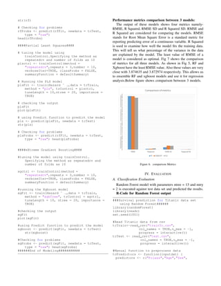 str(rf)
# Checking for problems
rfProbs <- predict(rfFit, newdata = tcTest,
type = "raw")
head(rfProbs)
####Partial Least Squares####
# tuning the model using
trainControl.Specifying the method as
repeatedcv and number of folds as 10
plsctrl <- trainControl(method =
"repeatedcv",repeats = 3,number = 10,
verboseIter=TRUE, classProbs = FALSE,
summaryFunction = defaultSummary)
# Running the PLS model
plsFit <- train(Hazard ˜ .,data = tcTrain,
method = "pls", trControl = plsctrl,
tuneLength = 10,ntree = 20, importance =
TRUE)
# checking the output
plsFit
plot(plsFit)
# using Predict function to predict the model
pls <- predict(plsFit, newdata = tcTest)
str(pls)
# Checking for problems
plsProbs <- predict(rfFit, newdata = tcTest,
type = "raw") head(plsProbs)
####eXtreme Gradient Boosting####
#tuning the model using trainControl.
Specifying the method as repeatedcv and
number of folds as 10
xgctrl <- trainControl(method =
"repeatedcv",repeats = 3,number = 10,
verboseIter=TRUE, classProbs = FALSE,
summaryFunction = defaultSummary)
#running the Xgboost model
xgFit <- train(Hazard ˜ .,data = tcTrain,
method = "xgbTree", trControl = xgctrl,
tuneLength = 10, ntree = 20, importance =
TRUE)
#checking the output
xgFit
plot(xgFit)
#using Predict function to predict the model
xgboost <- predict(xgFit, newdata = tcTest)
str(xgboost)
#Checking for problems
xgProbs <- predict(xgFit, newdata = tcTest,
type = "raw") head(xgProbs)
######End of Modeling###########
Performance metrics comparison between 3 models:
The output of these models shows four metrics namely-
RMSE, R Squared, RMSE SD and R Squared SD. RMSE and
R Squared are considered for comparing the models. RMSE
stands for Root Mean Square Error is a standard metric for
reporting predicting error of a continuous variable. R Squared
is used to examine how well the model ﬁts the training data.
This will tell us what percentage of the variance in the data
are explained by the model. The least value of RMSE of a
model is considered as optimal. Fig 7 shows the comparison
of metrics for all three models. As shown in Fig 5, RF and
Xgboost have the least RMSE value. Also these values are very
close with 3.874635 and 3.872974 respectively. This allows us
to ensemble RF and xgboost models and use it for regression
analysis.Below ﬁgure shows comparison between 3 models.
Figure 6. comparison Metrics
IV. EVALUATION
A. Classiﬁcation Evaluation
Random Forest model with parameters ntree = 13 and mtry
= 2 is executed against test data set and predicted the results.
R-Code for Random Forest output
###Survival prediction for Titanic data set
using Random Forest######
library(randomForest)
library(readr)
set.seed(1001)
#Read Titanic data from csv
tcTrain<-read_csv("trainTc.csv",
col_names = TRUE,n_max = -1,
progress = interactive())
tcTest <- read_csv("test.csv",
col_names = TRUE,n_max = -1,
progress = interactive())
#Manual function to preprocess data
tcPredictors <- function(inputdat) {
predictors <- c("Pclass","Age","Sex",
 