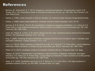 • Benham, M., & Murakami, E. T. (2013). Engaging in educational leadership: The generosity of spirit. In M.
Grogan (Ed.), The Jossey-Bass reader on educational leadership (3rd ed., pp. 148–165). San Francisco, CA:
John Wiley & Son.
• Deloria, V. (1994). Indian education in America. Boulder, CA: American Indian Science & Engineering Society.
• Felicity, J. (1999). Native Indian leadership. Canadian Journal of Native Education, 23(1), 40–57.
• Gardner, S. E. B. (2012). The four Rs of leadership in Indigenous language revitalization. In C. Kenny & T. N.
Fraser (Eds.), Living Indigenous leadership: Native narratives on building strong communities (pp. 125–135).
Vancouver, BC: UBC Press.
• Julien, M., Wright, B., & Zinni, D. M. (2010). Stories from the circle: Leadership lessons learned from Aboriginal
leaders. The Leadership Quarterly, 21(1), 114–126.
• King, T. (2008). Fostering Aboriginal leadership: Increasing enrollment and completion rates in Canadian post-
secondary institutions. College Quarterly, 11(1), 1–16.
• Leon, A. Y. (2012). Elder’s teaching on leadership as a gift. In C. Kenny & T. N. Fraser (Eds.), Living Indigenous
leadership: Native narratives on building strong communities (pp. 48–63). Vancouver, BC: UBC Press.
• Patton, M. Q. (2015). Qualitative research & evaluation methods (4th ed.). Thousand Oaks, CA: Sage.
• Pidgeon, M. (2012). Transformation and Indigenous interconnections: Indigeneity, leadership, and higher
education. In C. Kenny & T. N. Fraser (Eds.), Living Indigenous leadership: Native narratives on building strong
communities (pp. 136–149). Vancouver, BC: UBC Press.
• Stake, R. E. (2005). Qualitative case study. In N. K. Denzin & Y. S. Lincoln (Eds.), The Sage handbook of
qualitative research (3rd ed., pp. 443–466). Thousand Oaks, CA: Sage.
 