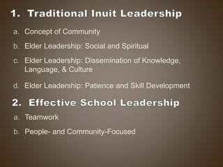 a. Concept of Community
b. Elder Leadership: Social and Spiritual
c. Elder Leadership: Dissemination of Knowledge,
Language, & Culture
d. Elder Leadership: Patience and Skill Development
a. Teamwork
b. People- and Community-Focused
 