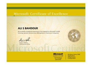 Steven A. Ballmer
Chief Executive Ofﬁcer
ALI S BAHDOUR
Has successfully completed the requirements to be recognized as a Microsoft® Certified
Technology Specialist: Windows Server 2008 Applications Infrastructure: Configuration
Windows Server 2008
Applications
Infrastructure:
Configuration
 