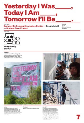 PARTNERS
BrownsvilleCommunityJusticeCenter—Groundswell
—StudentFarmProject
ISSUES
Youth
Criminal Justice
Workers
Storytelling
andArt
METHODS
A mural researched, designed,
and fabricated by a team made up
exclusively of young men, over
half of whom were court-involved.
SUMMARY
To transform a blank wall above a
community garden in Brownsville, one
of New York City’s most economically
disadvantaged neighborhoods, while
providing paid summer jobs and teaching
participants to become leaders in the
community.
GOALS
A mural created by Brownsville youth.
PRODUCT
A group of court-involved young
men used art not only to transform a
streetscape in their neighborhood,
but to activate public space and
inspire reflection, revelation, action,
and change. The collaboration also
enabled the Brownsville Community
Justice Center to build a coalition
among a larger group of stakeholders
to re-engineer how the justice system
works in Brownsville.
IMPACT
7
Yesterday I Was ,
Today I Am ,
Tomorrow I’ll Be .
 