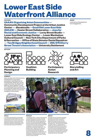 LowerEastSide
WaterfrontAlliancePARTNERS
CAAAV:OrganizingAsianCommunities—
CommunityDevelopmentProjectattheUrbanJustice
Center— dlandstudio—GoodOldLowerEastSide
(GOLES)—HesterStreetCollaborative—Jewsfor
RacialandEconomicJustice—LeroyStreetStudio—
LowerEastSideEcologyCenter—LowerManhattan
CulturalCouncil—NewYorkCityDepartmentofParks
&Recreation—OfficeofStateSenatorDanielSquadron
—TwoBridgesNeighborhoodCouncil—265/275Cherry
StreetTenant’sAssociation—UniversitySettlement
ISSUES
Land Use and Development
Civic Engagement
METHODS
After the New York City Economic
Development Corporation
proposed a redevelopment of
the East River waterfront on the
Lower East Side, the Waterfront
Alliance came together to push
for a redevelopment process that
prioritizes the needs and concerns
of residents and low-income and
immigrant communities.
SUMMARY
To create a development process that
puts residents at the forefront of land
use decisions in their community, and to
ensure the human, cultural, economic,
and environmental sustainability of the
East River waterfront areas adjacent to
the Lower East Side and Chinatown.
GOALS
“The People’s Plan,” a report summarizing
a comprehensive community visioning
process, highlighting residents’ needs
for affordable and culturally appropriate
services, recreation and programming,
and outlining site development strategies
for Piers 35, 36, and 42; a trilingual poster
campaign for local businesses and
residents to show their support for “The
People’s Plan”; Waterfront on Wheels,
an interactive mobile planning tool to
raise awareness about the ongoing
waterfront development; Paths to Pier 42,
a program of temporary art and design
installations and programming to create
interim access at Pier 42.
PRODUCT
Through this multi-phased campaign,
the alliance has been successful in
advocating for more community-
aligned recreational uses and less
high-end commercial development at
the waterfront. The Alliance has helped
raise $14 million in capital funds to
create new parkland at Pier 42, one of
the largest areas along the waterfront.
Community recommendations have
been successfully channeled into short-
and long-term improvements to the site.
The Alliance has attracted significant
media attention for the project.
IMPACT
8
Coalition
Building
Participatory
Planning and
Design
Storytelling
andArt
Participatory
Action
Research
 