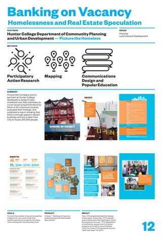 BankingonVacancy
HomelessnessandRealEstateSpeculation
To count the number of vacant properties
in New York City, and to show that
warehoused vacant property can play a
role in ending the city’s housing crisis.
A report: “Banking on Vacancy:
Homelessness and Real Estate
Speculation”
Over 130 people attended the release
of the report. Since then, PTH has held
over a dozen town hall meetings to share
the results of its count. PTH’s legislation
to institute an annual count of vacant
property (Intro 48) is one of the New
York City Council’s Progressive Caucus’
“bold new ideas” for 2013.
GOALS PRODUCT IMPACT
12
PARTNERS
HunterCollegeDepartmentofCommunityPlanning
andUrbanDevelopment—PicturetheHomeless
ISSUES
Housing
Land Use and Development
METHODS
Picture the Homeless and its
partners at Hunter College
developed a research plan,
mobilized over 300 volunteers to
count vacant properties block by
block in 20 community boards,
evaluated their findings, and
published a report showing that
there is enough space in vacant
buildings and lots in New York
City to house 200,000 people.
SUMMARY
Communications
Designand
PopularEducation
MappingParticipatory
ActionResearch
 