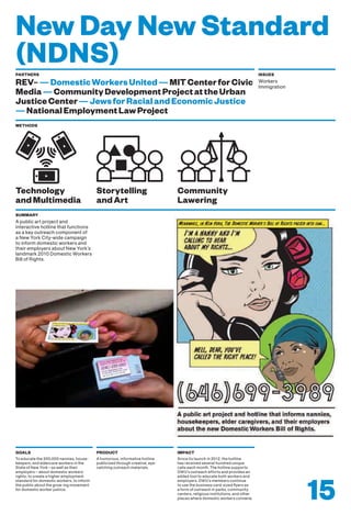 New Day New Standard
(NDNS)PARTNERS
REV–—DomesticWorkersUnited—MITCenterforCivic
Media—CommunityDevelopmentProjectattheUrban
JusticeCenter—JewsforRacialandEconomicJustice
—NationalEmploymentLawProject
ISSUES
Workers
Immigration
To educate the 200,000 nannies, house-
keepers, and eldercare workers in the
State of New York—as well as their
employers— about domestic workers’
rights; to create a higher employment
standard for domestic workers; to inform
the public about the grow-ing movement
for domestic worker justice.
GOALS
A humorous, informative hotline
publicized through creative, eye-
catching outreach materials.
PRODUCT
Since its launch in 2012, the hotline
has received several hundred unique
calls each month. The hotline supports
DWU’s outreach efforts and provides an
added tool to educate both workers and
employers. DWU’s members continue
to use the business card-sized flyers as
a form of outreach in parks, community
centers, religious institutions, and other
places where domestic workers convene.
IMPACT
METHODS
Storytelling
andArt
Community
Lawering
A public art project and
interactive hotline that functions
as a key outreach component of
a New York City-wide campaign
to inform domestic workers and
their employers about New York’s
landmark 2010 Domestic Workers
Bill of Rights.
SUMMARY
15
Technology
andMultimedia
 