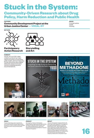 Stuck in the System:
Community-Driven Research about Drug
Policy, Harm Reduction and Public Health
To document drug users’ experience
with drug treatment and syringe access
programs in order to effect policy changes
that reduce harm and promote public
health.
GOALS
Two reports, “Stuck in the System:
Expanding Syringe Access by Reconciling
the Penal Code with Public Health Law”
and “Beyond Methadone: Improving
Health and Empowering Patients in Opioid
Treatment Programs”.
PRODUCT
“Stuck in the System” helped VOCAL-NY
pass major state legislation that legalized
syringe exchange programs under the
State Penal Code. “Beyond Methadone”
led to sweeping changes within New York
State Office of Alcohol and Substance
Abuse and the programs it oversees, and
helped establish VOCAL-NY’s Users Union
as a serious and informed partner for
ongoing collaboration and patient input.
IMPACT
16
PARTNERS
CommunityDevelopmentProjectatthe
UrbanJusticeCenter—VOCAL-NY
ISSUES
Criminal Justice
Health
Housing
METHODS
VOCAL-NY and CDP collab-
orated to produce two major
reports focusing on drug policy,
public health, and harm reduction.
Former and active users helped
define the research and were
central to developing policy
recommendations.
SUMMARY
Participatory
ActionResearch
Storytelling
andArt
StuckintheSyStem
Expanding Syringe Access by Reconciling
the Penal Code with the Public Health Law
ImprovIng HealtHand empowerIng patIents In opIoIdtreatment programs
Hepatitis C, Overdose Prevention, Syringe Exchange, Buprenorphine
& Other Opportunities to Make Programs Work For Patients
ImprovIng HealtHand empowerIng patpatp Ients In opIoIdtreatment programs
Beyond
Methadone
 
