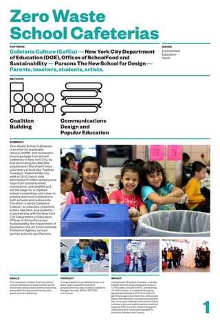 ZeroWaste
SchoolCafeteriasPARTNERS ISSUES
CafeteriaCulture(CafCu)—NewYorkCityDepartment
ofEducation(DOE),OfficesofSchoolFoodand
Sustainability—ParsonsTheNewSchoolforDesign—
Parents,teachers,students,artists.
Environment
Education
Youth
METHODS
Zero Waste School Cafeterias
is an effort to drastically
reduce landfill- and incinerator-
bound garbage from school
cafeterias in New York City, by
first eliminating the 860,000
polystyrene (Styrofoam) trays
used every school day. Trayless
Tuesdays, implemented city-
wide in 2010, has to date
eliminated 70 million polystyrene
trays from school lunches,
incinerators, and landfills and
set the stage for a citywide
school composting, and a ban on
polystyrene food containers in
both schools and restaurants.
The effort is led by Cafeteria
Culture— a collection of parents,
artists, teachers, and students—
in partnership with the New York
City Department of Education,
Offices of SchoolFood and
Sustainability, the Department of
Sanitation, the US Environmental
Protection Agency, various
partner schools, and Parsons.
SUMMARY
To completely rid New York City public
school cafeterias of polystyrene, and to
drastically reduce food and food packing
waste with the goal of achieving zero
waste school cafeterias.
GOALS
Compostable/recyclable food service
ware; giant puppets to protest
polystyrene tray use; student Cafeteria
Ranger training; ARTS+ACTION
curriculum.
PRODUCT
Implemented Trayless Tuesday—one day
a week without any polystyrene trays in
1,700 public schools in NYC, eliminating
70 million trays; a cooperative buying
agreement between NYC SchoolFood
and five large school districts; influenced
Mayor Bloomberg’s citywide polystyrene
ban on to-go containers and school trays;
initiated a private-public partnership that
inspired NYC’s school composting pilot;
reduced public resources needed for
creating climate smart policy.
IMPACT
1
Coalition
Building
Communications
Designand
PopularEducation
 