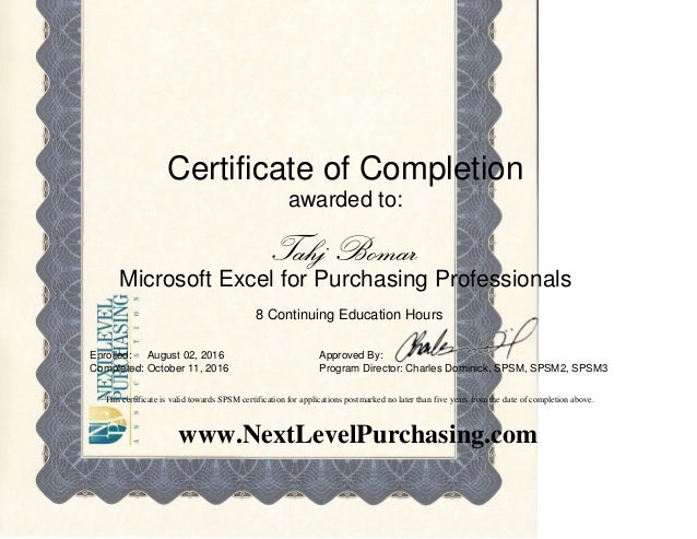 next level purchasing association course completion microsoft excel purchasing excel