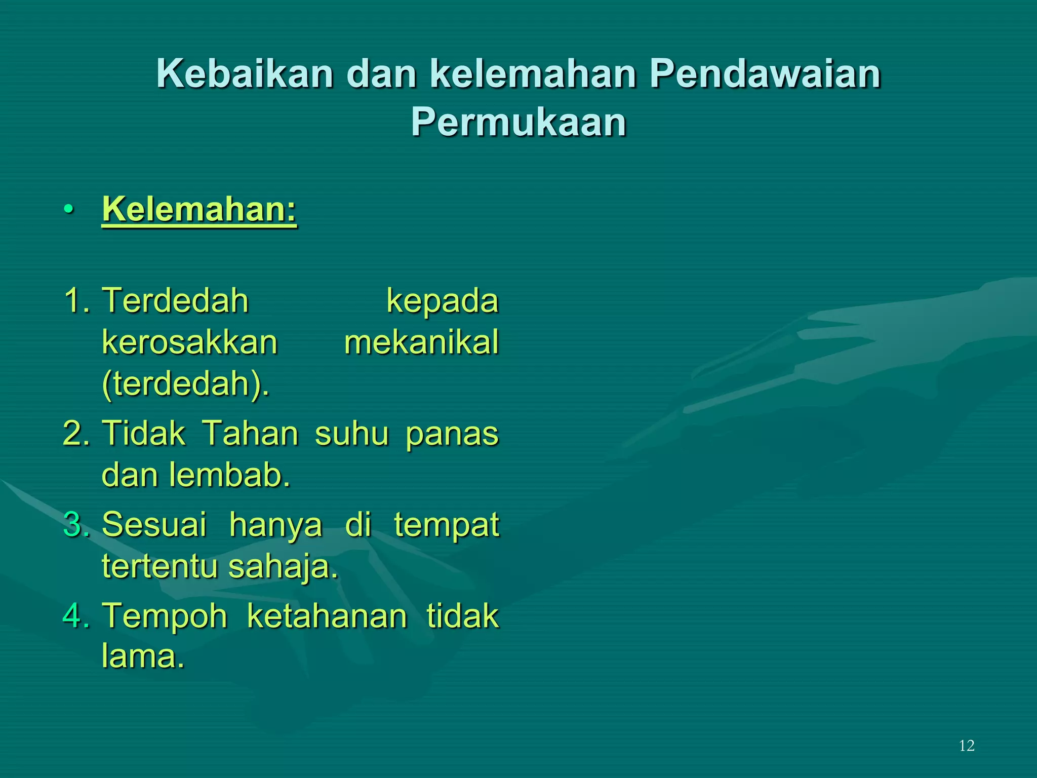 12
Kebaikan dan kelemahan Pendawaian
Permukaan
• Kelemahan:
1. Terdedah kepada
kerosakkan mekanikal
(terdedah).
2. Tidak Tahan suhu panas
dan lembab.
3. Sesuai hanya di tempat
tertentu sahaja.
4. Tempoh ketahanan tidak
lama.
 