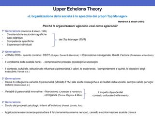 Upper Echelons Theory
«L’organizzazione della società è lo specchio dei propri Top Manager»
Hambrick & Mason (1984)
Perché le organizzazioni agiscono così come agiscono?
1ª Generazione (Hambrick & Mason, 1984)
• Caratteristiche socio-demografiche
• Basi cognitive
• Competenze specifiche
• Esperienze individuali
2ª Generazione
• «Effetto CEO», quanto contano i CEO? (Quigley, Donald & Hambrick) + Discrezione manageriale, libertà d’azione (Finkelstein e Hambrick)
•
• Il «problema della scatola nera» - comprensione processi psicologici e socioogici
• Il contesto, culturale, istituzionale influenza la personalità, i valori, le esperienze, i comportamenti e quindi, le decisioni degli
executive (Yamak e al.)
3ª Generazione
• Cerca di collegare le variabili di personalità (Modello FFM) alle scelte strategiche e ai risultati della società, sempre valido per ogni
cultura (Abatecola et al.)
• Variabili di personalità innovative: - Narcisismo (Chatterjee e Hambrick)
- Arroganza (Picone, Dagnino & Minà)
4ª Generazione
• Studio dei processi psicologici interni all’individuo (Powell, Lovallo, Fox)
• Applicazione neuroscienze perstudiare il funzionamento sistema nervoso, cervello e conformazione scatola cranica
dei Top Manager (TMT)
L’impatto dipende dal
contesto culturale di riferimento
 