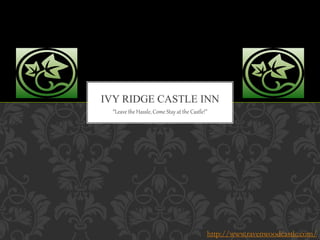 “Leave the Hassle, Come Stay at the Castle!”
IVY RIDGE CASTLE INN
http://www.ravenwoodcastle.com/
 