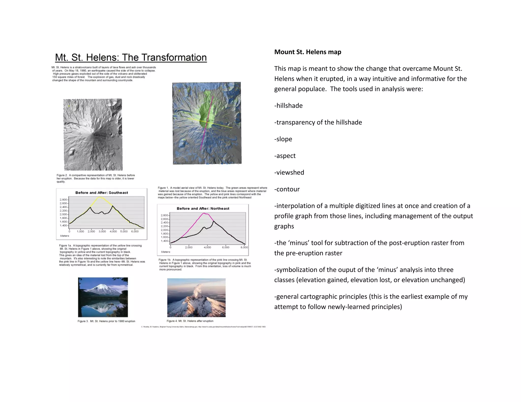 Mount St. Helens map
This map is meant to show the change that overcame Mount St.
Helens when it erupted, in a way intuitive and informative for the
general populace. The tools used in analysis were:
-hillshade
-transparency of the hillshade
-slope
-aspect
-viewshed
-contour
-interpolation of a multiple digitized lines at once and creation of a
profile graph from those lines, including management of the output
graphs
-the ‘minus’ tool for subtraction of the post-eruption raster from
the pre-eruption raster
-symbolization of the ouput of the ‘minus’ analysis into three
classes (elevation gained, elevation lost, or elevation unchanged)
-general cartographic principles (this is the earliest example of my
attempt to follow newly-learned principles)
 