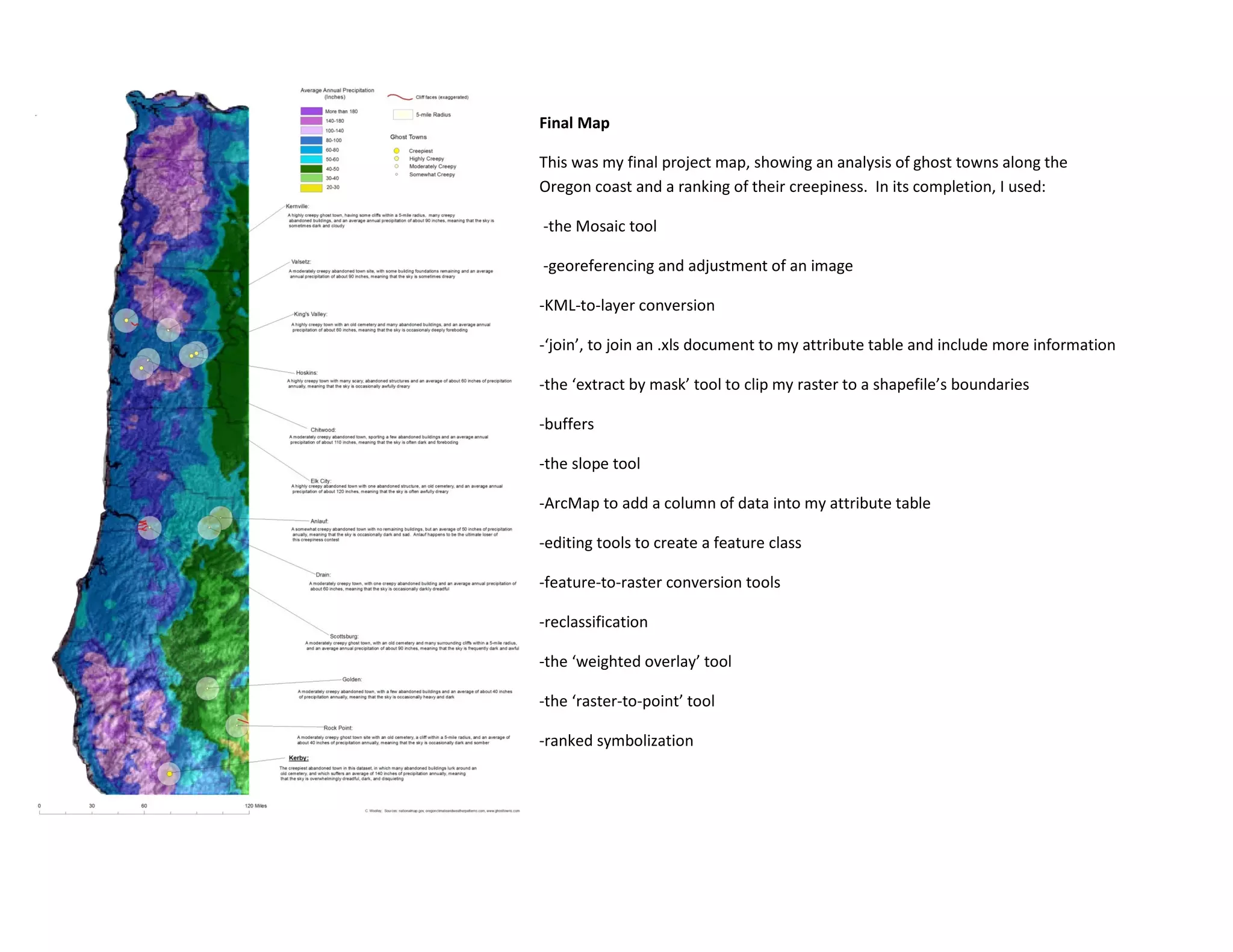 Final Map
This was my final project map, showing an analysis of ghost towns along the
Oregon coast and a ranking of their creepiness. In its completion, I used:
-the Mosaic tool
-georeferencing and adjustment of an image
-KML-to-layer conversion
-‘join’, to join an .xls document to my attribute table and include more information
-the ‘extract by mask’ tool to clip my raster to a shapefile’s boundaries
-buffers
-the slope tool
-ArcMap to add a column of data into my attribute table
-editing tools to create a feature class
-feature-to-raster conversion tools
-reclassification
-the ‘weighted overlay’ tool
-the ‘raster-to-point’ tool
-ranked symbolization
 