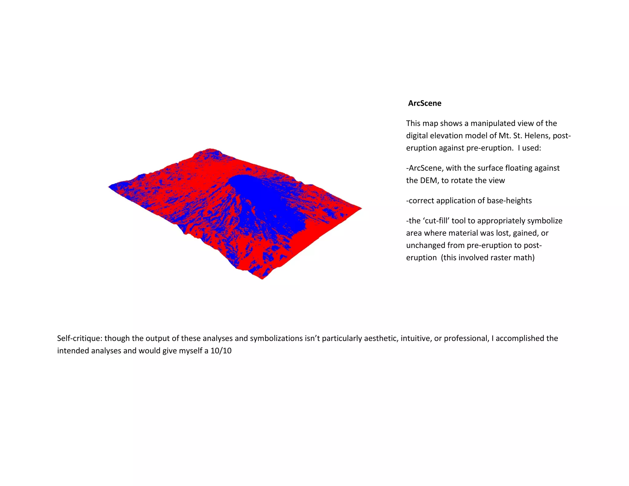 ArcScene
This map shows a manipulated view of the
digital elevation model of Mt. St. Helens, post-
eruption against pre-eruption. I used:
-ArcScene, with the surface floating against
the DEM, to rotate the view
-correct application of base-heights
-the ‘cut-fill’ tool to appropriately symbolize
area where material was lost, gained, or
unchanged from pre-eruption to post-
eruption (this involved raster math)
Self-critique: though the output of these analyses and symbolizations isn’t particularly aesthetic, intuitive, or professional, I accomplished the
intended analyses and would give myself a 10/10
 