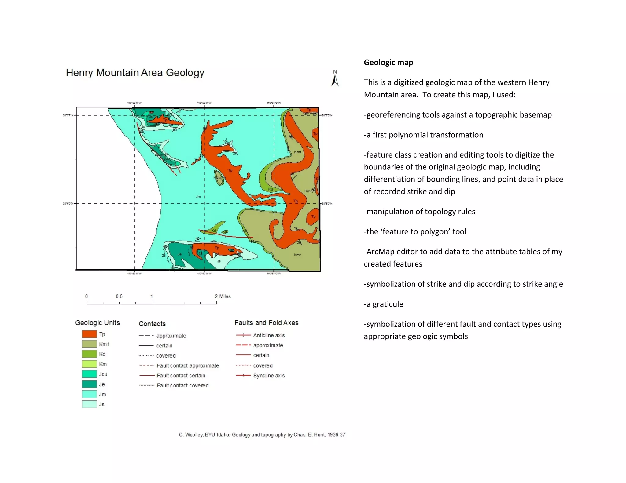 Geologic map
This is a digitized geologic map of the western Henry
Mountain area. To create this map, I used:
-georeferencing tools against a topographic basemap
-a first polynomial transformation
-feature class creation and editing tools to digitize the
boundaries of the original geologic map, including
differentiation of bounding lines, and point data in place
of recorded strike and dip
-manipulation of topology rules
-the ‘feature to polygon’ tool
-ArcMap editor to add data to the attribute tables of my
created features
-symbolization of strike and dip according to strike angle
-a graticule
-symbolization of different fault and contact types using
appropriate geologic symbols
 
