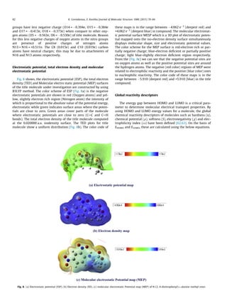 groups have less negative charge (O14 = À0.394e, O15 = À0.384e
and O17 = À0.413e, O18 = À0.373e) when compare to other oxy-
gen atoms (O5 = À0.563e, O6 = À0.530e) of title molecule. Reason
for this less negative charges of oxygen atoms in the nitro groups
are presence of positive charges of nitrogen atoms
N13 = N16 = +0.511e. The C8 (0.015e) and C10 (0.019e) carbon
atoms have neutral charges; this may be due to attachments of
N16 and N13 atoms respectively.
Electrostatic potential, total electron density and molecular
electrostatic potential
Fig. 8 shows, the electrostatic potential (ESP), the total electron
density (TED) and Molecular electro static potential (MEP) surfaces
of the title molecule under investigation are constructed by using
B3LYP method. The color scheme of ESP (Fig. 8a) is the negative
electrostatic potentials are shown in red (Oxygen atoms) and yel-
low, slightly electron rich region (Nitrogen atom) the intensity of
which is proportional to the absolute value of the potential energy,
electrostatic while green indicates surface areas where the poten-
tials are close to zero. Green areas cover parts of the molecule
where electrostatic potentials are close to zero (CAC and CAH
bonds). The total electron density of the title molecule computed
at the 0.020000 a.u. isodensity surface. The TED plots for title
molecule show a uniform distribution (Fig. 8b). The color code of
these maps is in the range between À4.062 eÀ2
(deepest red) and
+4.062 eÀ2
(deepest blue) in compound. The molecular electrostat-
ic potential surface MESP which is a 3D plot of electrostatic poten-
tial mapped onto the iso-electron density surface simultaneously
displays molecular shape, size and electrostatic potential values.
The color scheme for the MEP surface is red-electron rich or par-
tially negative charge; blue-electron deﬁcient or partially positive
charge; light blue-slightly electron deﬁcient region respectively.
From the (Fig. 8c) we can see that the negative potential sites are
on oxygen atoms as well as the positive potential sites are around
the hydrogen atoms. The negative (red color) regions of MEP were
related to electrophilic reactivity and the positive (blue color) ones
to nucleophilic reactivity. The color code of these maps is in the
range between À5.910 (deepest red) and +5.910 (blue) in the title
compound.
Global reactivity descriptors
The energy gap between HOMO and LUMO is a critical para-
meter to determine molecular electrical transport properties. By
using HOMO and LUMO energy values for a molecule, the global
chemical reactivity descriptors of molecules such as hardness (g),
chemical potential (l), softness (S), electronegativity (v) and elec-
trophilicity index (x) have been deﬁned [62,63]. On the basis of
EHOMO and ELUMO, these are calculated using the below equations.
(a) Electrostatic potential map
(b) Electron density map
(c) Molecular electrostatic Potential map (MEP)
Fig. 8. (a) Electrostatic potential (ESP), (b) Electron density (ED), (c) molecular electrostatic Potential map (MEP) of N-(2, 4-dinitrophenyl)-L-alanine methyl ester.
82 K. Govindarasu, E. Kavitha / Journal of Molecular Structure 1088 (2015) 70–84
 