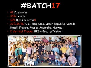 #BATCH17
• 42 Companies
• 35% Female
• 12% Black or LatinX
• 33% INTL: UK, Hong Kong, Czech Republic, Canada,
Brazil, France, Russia, Australia, Norway
• 2 Vertical Tracks: B2B + Beauty/Fashion
 