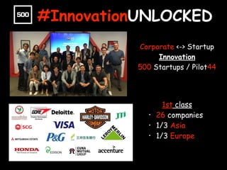 #InnovationUNLOCKED
Corporate <-> Startup
Innovation
500 Startups / Pilot44
1st class
• 26 companies
• 1/3 Asia
• 1/3 Europe
 