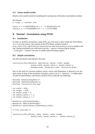 A.3 Linear model results
Relative error model results for modeling the running time of the direct and indirect method.
Test format:
m: slope, c: constant term
Direct m = 2.41558753833e-09 c = -2.26816301201e-05
Indirect m = 2.75190398957e-07 c = 1.01787136851
B Tutorial - Convolution using FFTW
B.1 Installation
In order to perform convolution using FFTW, you will need to ﬁrst install the FFTW library
v3.3.4 on your system. The tutorial at the FFTW library website found at
http://www.fftw.org/fftw3_doc/Installation-and-Customization.html is simple to fol-
low. During installation you will need to set the --enable-threads ﬂag by issuing
.configure --enable-threads to enable multi-threading support.
B.2 Simple convolution
Any 2D convolution call will have the form
convolution_fftw_2d(source, destination, kernel, width, height,
kernel_width, kernel_center_x, kernel_center_y,
boundary_mode, thread_max_count, convolution_plan);
Due to the need for internal auxiliary arrays, source and destination is allowed to be the
same array as long as the parameter boundary_mode is set to 1 (default). A simple piece
of code for performing a convolution could in SHARK look like the following.
1 #include "shark/LinAlg/Base.h"
2 #include "shark/Data/Dataset.h"
3 #include "convolution_fftw.hpp"
4
5 int width = 1024;
6 int height = 1024;
7 int kernel_width = 3;
8 int kernel_center_x = 1;
9 int kernel_center_y = 1;
10
11 RealVector imIn(width*height);
12 RealVector imOut(width*height);
13 RealVector kernel(kernel_width*kernel_width);
14
15 /* Fill imIn here */
16
17 convolution_fftw_2d(imIn, imOut, kernel, width, height,
18 kernel_width, kernel_center_x , kernel_center_y);
33
 