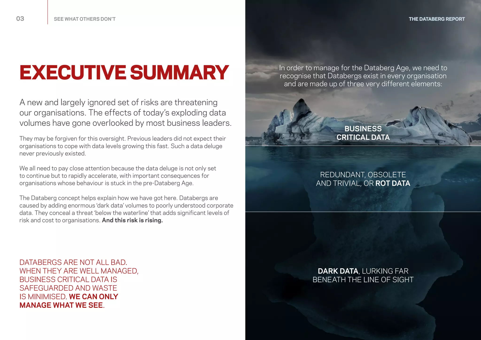 In order to manage for the Databerg Age, we need to
recognise that Databergs exist in every organisation
and are made up of three very different elements:
REDUNDANT, OBSOLETE
AND TRIVIAL, OR ROT DATA
DARK DATA, LURKING FAR
BENEATH THE LINE OF SIGHT
BUSINESS
CRITICAL DATA
A new and largely ignored set of risks are threatening
our organisations. The effects of today’s exploding data
volumes have gone overlooked by most business leaders.
They may be forgiven for this oversight. Previous leaders did not expect their
organisations to cope with data levels growing this fast. Such a data deluge
never previously existed.
We all need to pay close attention because the data deluge is not only set
to continue but to rapidly accelerate, with important consequences for
organisations whose behaviour is stuck in the pre-Databerg Age.
The Databerg concept helps explain how we have got here. Databergs are
caused by adding enormous ‘dark data’ volumes to poorly understood corporate
data. They conceal a threat ‘below the waterline’ that adds significant levels of
risk and cost to organisations. And this risk is rising.
EXECUTIVE SUMMARY
03	 SEE WHAT OTHERS DON’T THE DATABERG REPORT
DATABERGS ARE NOT ALL BAD.
WHEN THEY ARE WELL MANAGED,
BUSINESS CRITICAL DATA IS
SAFEGUARDED AND WASTE
IS MINIMISED. WE CAN ONLY
MANAGE WHAT WE SEE.
 