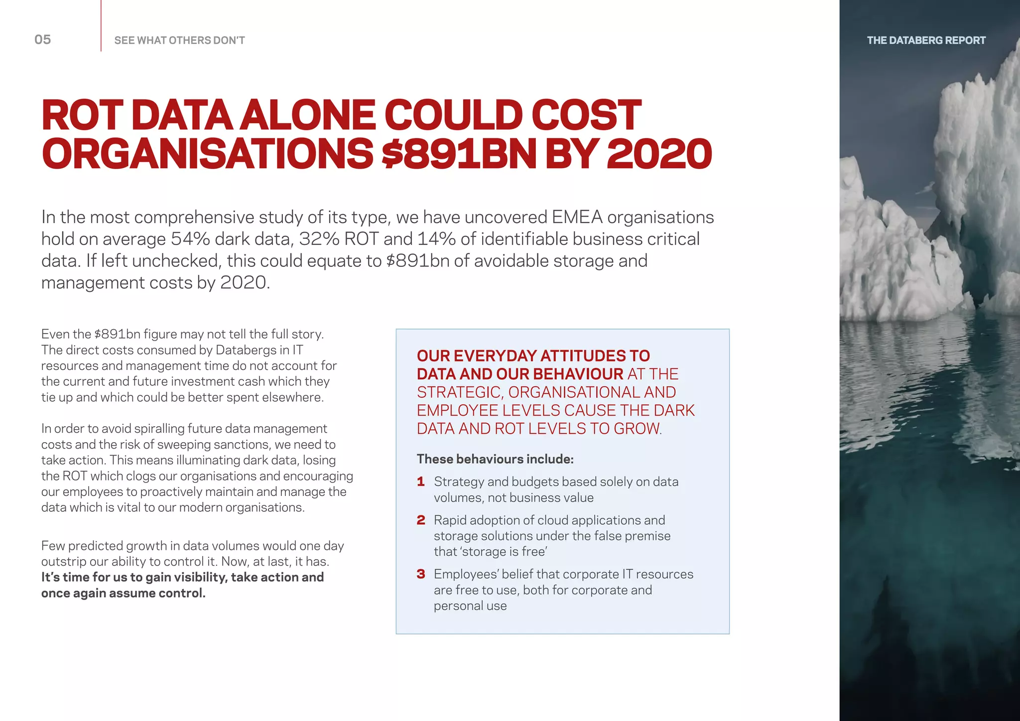 Even the $891bn figure may not tell the full story.
The direct costs consumed by Databergs in IT
resources and management time do not account for
the current and future investment cash which they
tie up and which could be better spent elsewhere.
In order to avoid spiralling future data management
costs and the risk of sweeping sanctions, we need to
take action. This means illuminating dark data, losing
the ROT which clogs our organisations and encouraging
our employees to proactively maintain and manage the
data which is vital to our modern organisations.
Few predicted growth in data volumes would one day
outstrip our ability to control it. Now, at last, it has.
It’s time for us to gain visibility, take action and
once again assume control.
In the most comprehensive study of its type, we have uncovered EMEA organisations
hold on average 54% dark data, 32% ROT and 14% of identifiable business critical
data. If left unchecked, this could equate to $891bn of avoidable storage and
management costs by 2020.
05	 SEE WHAT OTHERS DON’T THE DATABERG REPORT
ROT DATA ALONE COULD COST
ORGANISATIONS $891BN BY 2020
OUR EVERYDAY ATTITUDES TO
DATA AND OUR BEHAVIOUR AT THE
STRATEGIC, ORGANISATIONAL AND
EMPLOYEE LEVELS CAUSE THE DARK
DATA AND ROT LEVELS TO GROW.
These behaviours include:
1	Strategy and budgets based solely on data
volumes, not business value
2	Rapid adoption of cloud applications and
storage solutions under the false premise
that ‘storage is free’
3	Employees’ belief that corporate IT resources
are free to use, both for corporate and
personal use
 