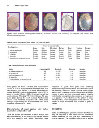 50 J. Yeast Fungal Res.
Figure 2. Isolated yeast strain and colony on YPDA media. A = H. valbyensis kloecker; B = R. aurantiacaA C = R. hylophila. D= H. burtonii A E=P.
amenthionina vara menthionina
Table 2. Colonial morphology of yeast isolated from coffee pulp waste.
Yeast species
Colony chararacteristics
Shape Size Elevation Surface Color Texture Marigin
H. valbyensiskloecker Circular Medium Raised Smooth White Butrous Round
R. aurantiacA Ovoid Medium Raised Rough Red Moist Ring
R. hylophila Circular Medium Raised Rough White Moist Entire
H. burtoniiA Circular Small Raised Smooth White Moist Round
P. amenthionina varamenthionina Circular Medium Raised Smooth Yellow Moist Entire
Table 3. BiologMicrostation yeast identification.
Status Probability (%) Similarity Distance Species
H. valbyensiskloecker 100 0.707 4.46 Identified
R. aurantica A 100 0.505 7.86 Identified
Hyphopichiaburtonii A 98 0.567 6.55 Identified
R. hylophilia 98 0.601 5.98 Identified
P. amenthionina var.amenthionina 96 0.714 2.80 Identified
micro plates for those selected and representative
colony. At 24 h an acceptable species identification must
have similarity index value 0.75 or above, and subsequent
reading 48 to 72 h having similarity index value of 0.5 or
above is needed (Biolog, 1993). By comparing with the
yeast database (MicroLog TM System Release 4.2 User
Guide 2001, Biolog), the result revealed that five yeast
species were identified associated with coffee waste
having≥75% probability and ≥0.5 similarities index value.
The result summarized in Table 3.
Characterization of yeast species from carbon
assimilation and oxidation test
Once the isolates are identified by Micro station, they
were characterized in accordance with carbon assimi-
lation and oxidation test. During incubation, yeast
respiration in yeast micro plate wells containing
tetrazolium compounds will either reduce the tetrazolium
dye forming a formazon purple color or initiate growth
leading to an increase in turbidity. Colorimetric or turbidity
change in each well was referenced against negative
control wells. Micro plate wells are scored as negative, (-
), as positive <+>, borderline (). The pattern is cross-
referenced to a library of species in the database. The
pattern of sugar assimilation and oxidation is given in
Table 4.
DISCUSSION
So far about 1500 yeast species have been identified and
they are ubiquitous in their distribution and populations
largely depending on the type and concentration of
organic materials. The distribution of species, as well as
 