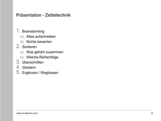 www.pr-ofession.com
Präsentation - Zetteltechnik
1. Brainstorming
a) Alles aufschreiben
b) Nichts bewerten
2. Sortieren
a) Was gehört zusammen
b) Welche Reihenfolge
3. Überschriften
4. Gliedern
5. Ergänzen / Weglassen
12
 