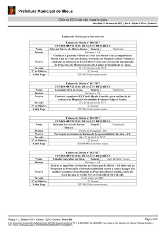 Prefeitura Municipal de Ilheus
Diário Oficial do Município
terça-feira, 21 de março de 2017 | Ano II - Edição nº 00144 | Caderno 1
Praça J. J. Seabra S/N – Centro | S/N | Centro | Ilhéus-Ba Página 019
Este documento foi assinado digitalmente por SERASA Experian conforme MP n. 2.200-2/2001 de 24/08/2001, que institui a infra-estrutura de Chaves Públicas Brasileira -
ICP - Brasil. Cetificação diigital: B19AD358762C38BBA9BF91A5C090631A
 