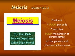 Meiosis   Chapter 10.2-3



                           Produces
                      * FOUR sex cells
                           * each has
                    HALF the number of
                      chromosomes
                     of the parent’s cell
                    (2 mitosis cycles in a row)
 