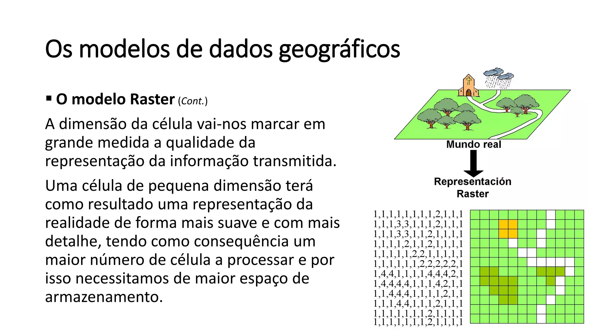 Os modelos de dados geográficos
 O modelo Raster (Cont.)
A dimensão da célula vai-nos marcar em
grande medida a qualidade da
representação da informação transmitida.
Uma célula de pequena dimensão terá
como resultado uma representação da
realidade de forma mais suave e com mais
detalhe, tendo como consequência um
maior número de célula a processar e por
isso necessitamos de maior espaço de
armazenamento.
 
