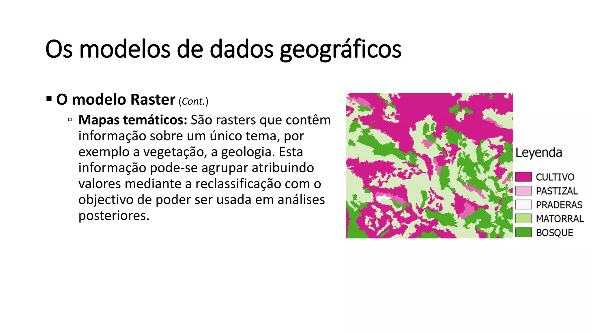 Os modelos de dados geográficos
 O modelo Raster (Cont.)
▫ Mapas temáticos: São rasters que contêm
informação sobre um único tema, por
exemplo a vegetação, a geologia. Esta
informação pode-se agrupar atribuindo
valores mediante a reclassificação com o
objectivo de poder ser usada em análises
posteriores.
 