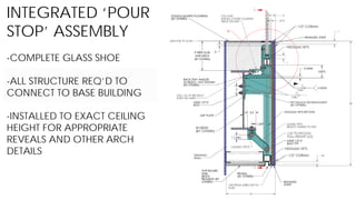 INTEGRATED ‘POUR
STOP’ ASSEMBLY
-COMPLETE GLASS SHOE
-ALL STRUCTURE REQ’D TO
CONNECT TO BASE BUILDING
-INSTALLED TO EXACT ...