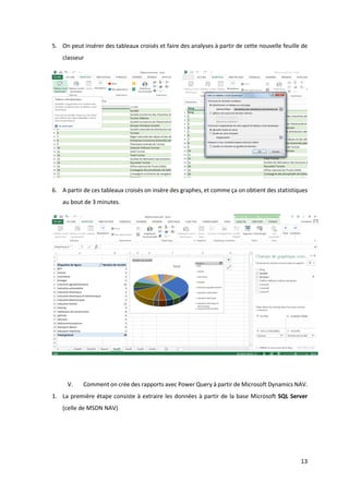 13
5. On peut insérer des tableaux croisés et faire des analyses à partir de cette nouvelle feuille de
classeur
6. A partir de ces tableaux croisés on insère des graphes, et comme ça on obtient des statistiques
au bout de 3 minutes.
V. Comment on crée des rapports avec Power Query à partir de Microsoft Dynamics NAV.
1. La première étape consiste à extraire les données à partir de la base Microsoft SQL Server
(celle de MSDN NAV)
 